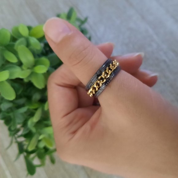 Black/Gold, Stainless Steel Wide Band Spinner Ring NWT! - Size 7 - Picture 1 of 14